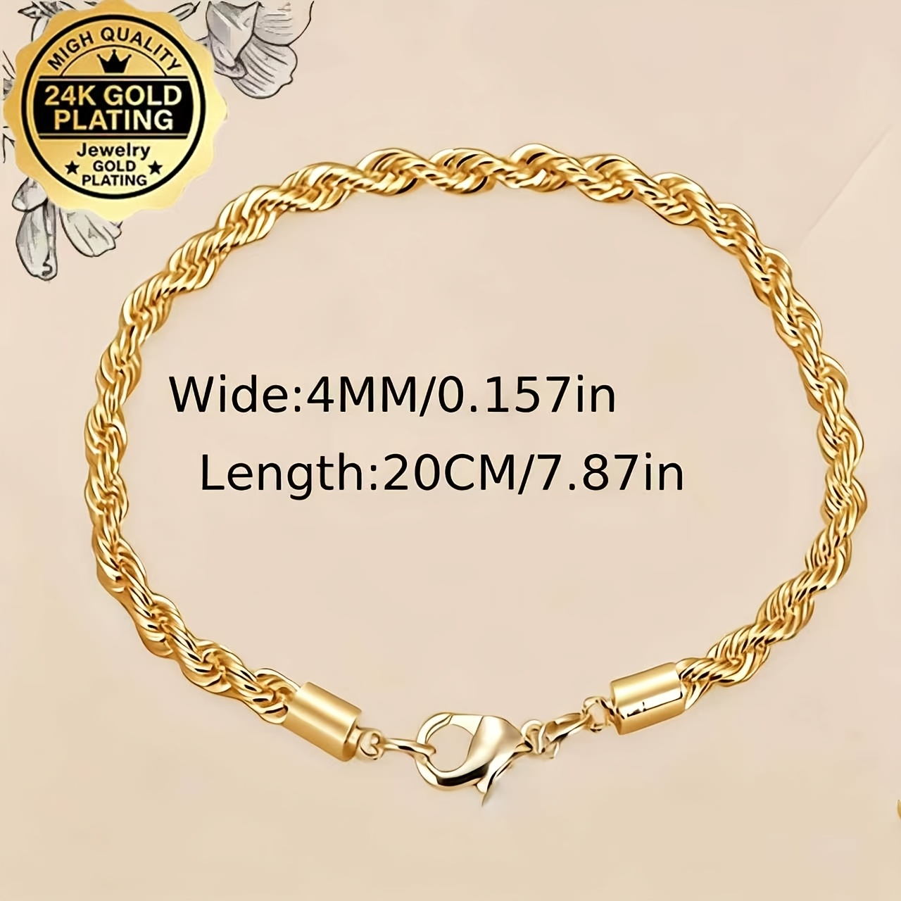 24K Gold-Plated Twisted Rope Braid Bracelet, Unisex